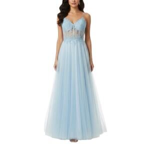 Blondie Nites Beaded Sheer Lace Tulle A-Line Evening Gown Ice Blue Size 13 Dress